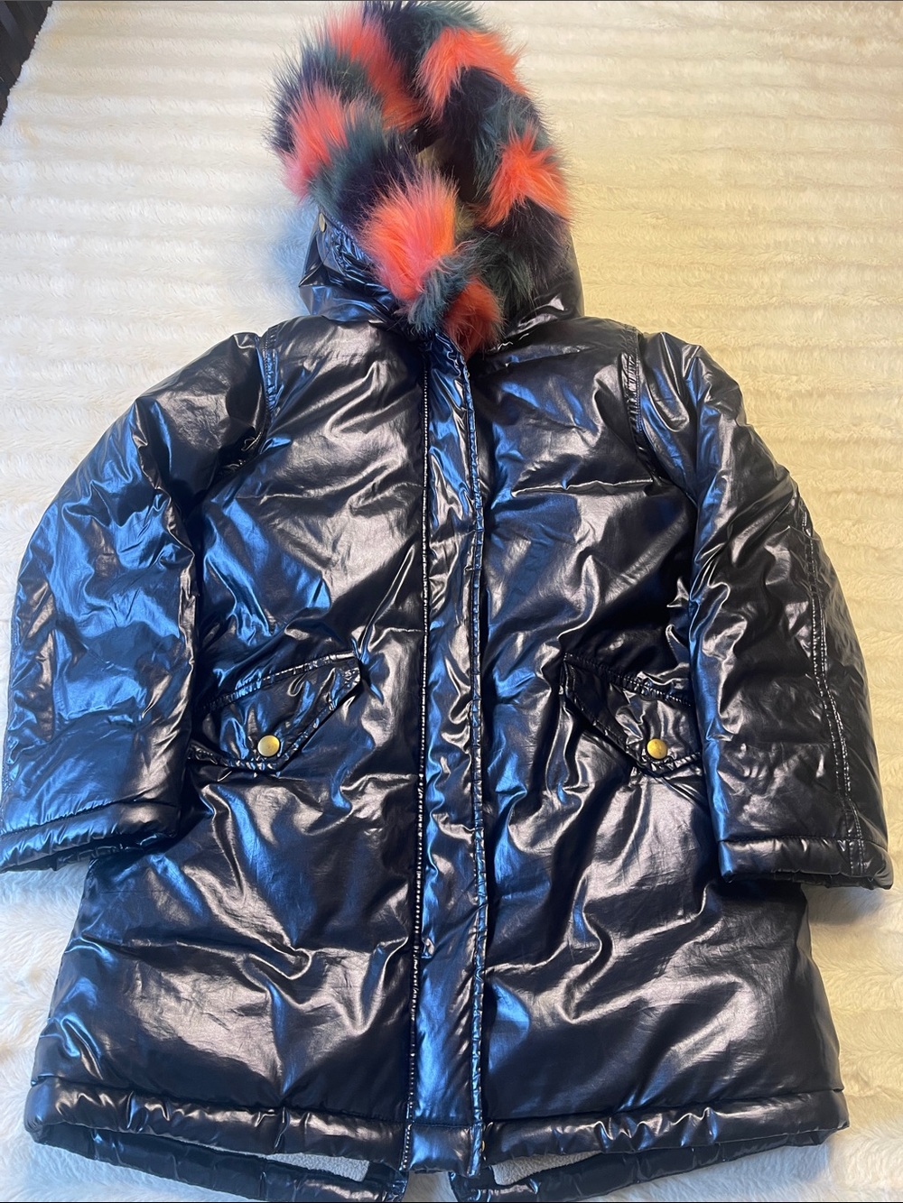 Crewcuts metallic Shiny Navy Puffer Coat with Multicolor Faux-Fur Hood